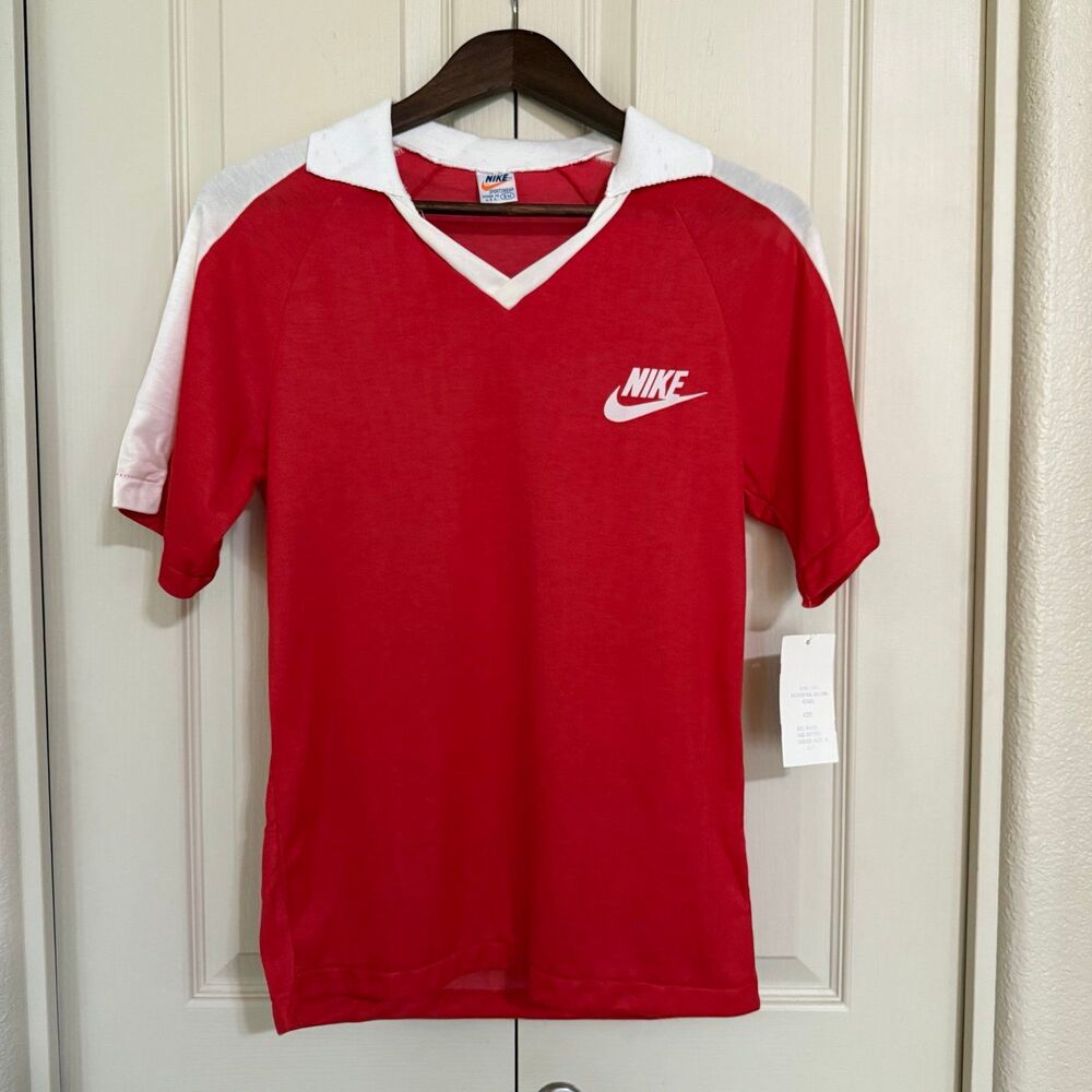 Nike 80s Vintage Jersey T-Shirt Red White Collar Made in USA Small With Tag VTG